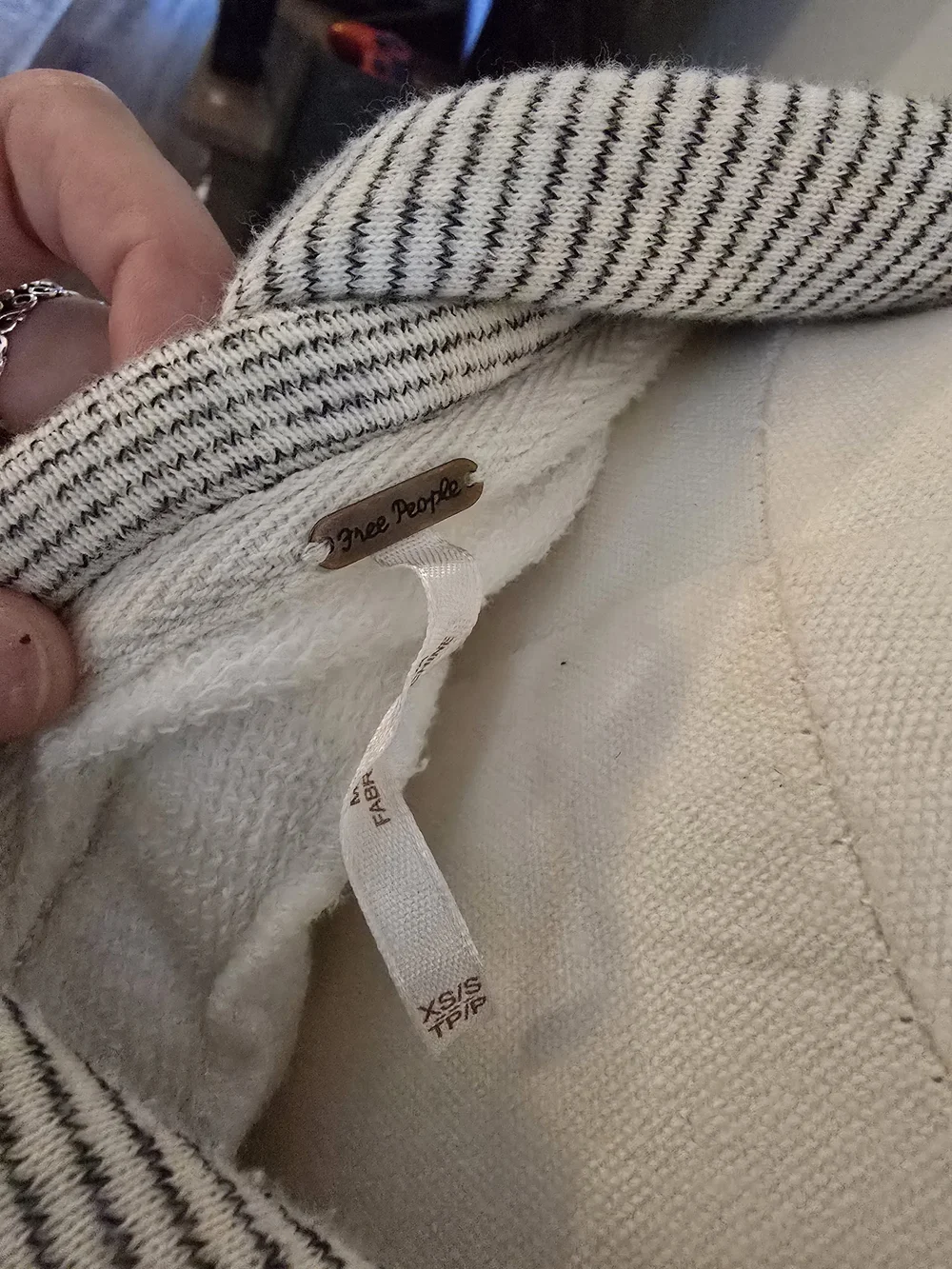 Free People Cream Hooded Pullover with Gray Striped Band